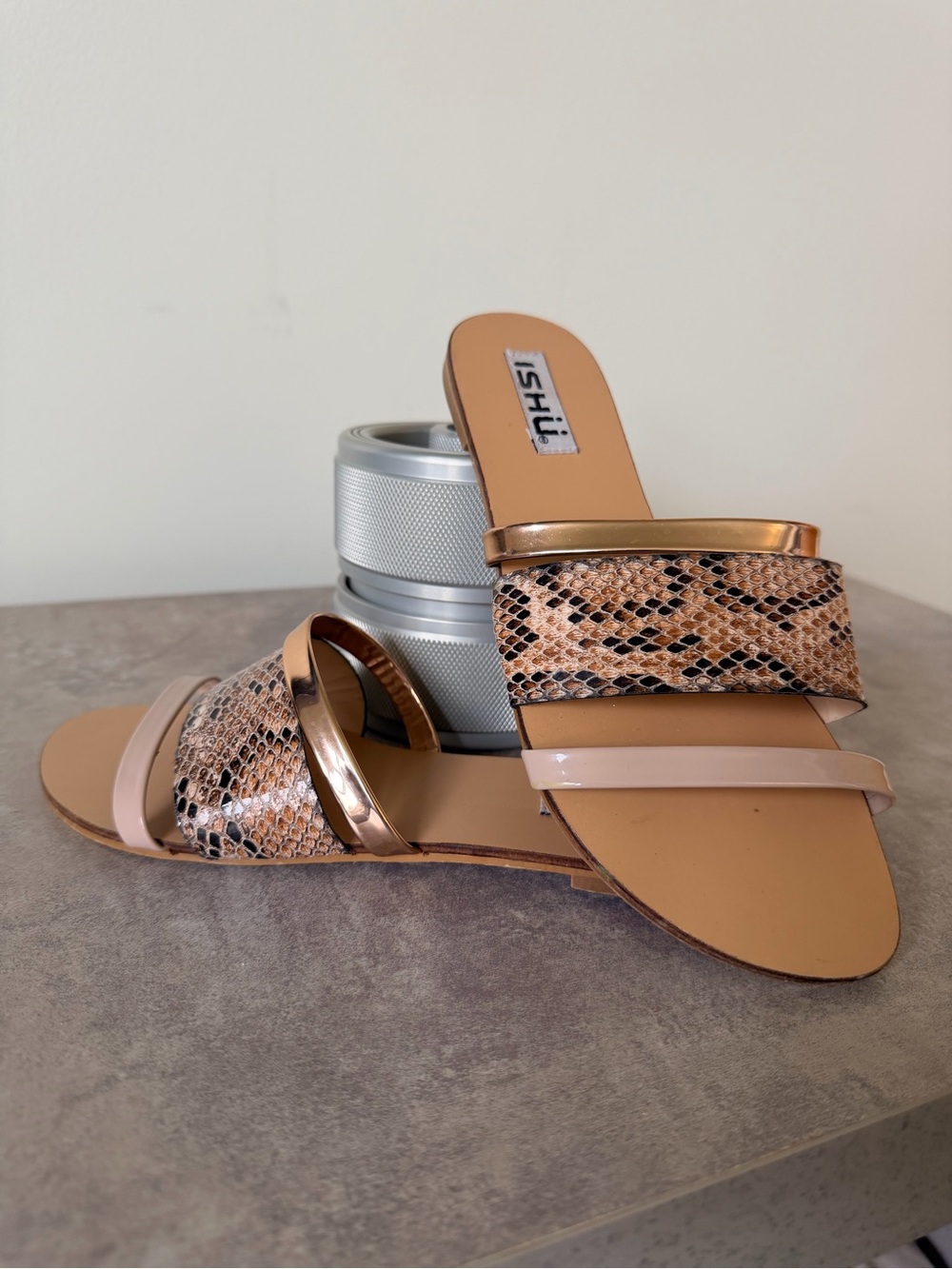 Snake-Print & Metallic Slide Sandals in Rose Gold and Nude